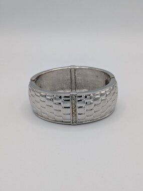 Chunky Silver Tone Reptile Scale Hinged Bangle Bracelet Rhinestone Heavy Y2K 90s